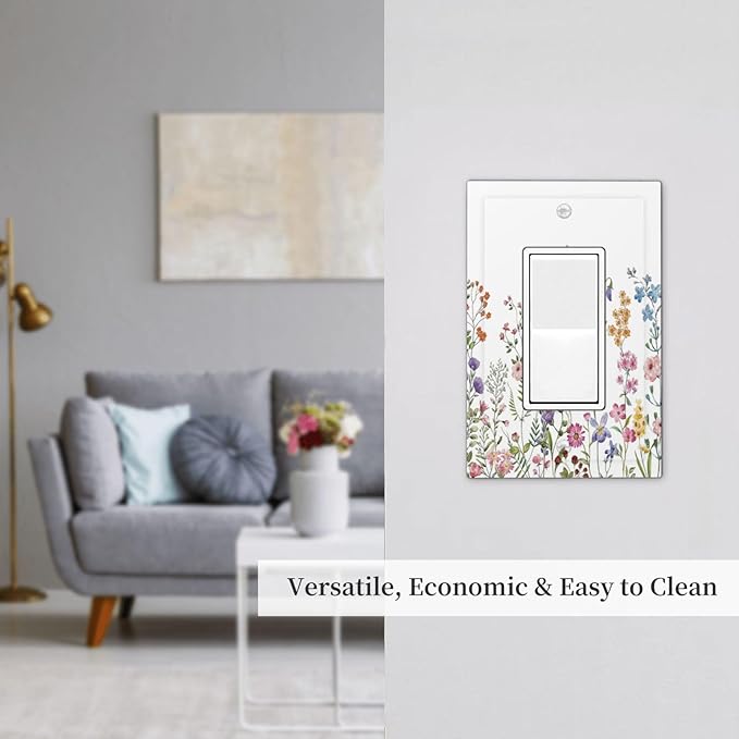 Rustic Wild Floral Vintage Watercolor Flower Single Rocker/Decora Light Switch Plate Decorative 1 Gang Outlet Cover Faceplate GFCI Electrical Receptacle Wallplate Dimmer for Bathroom Home Decor