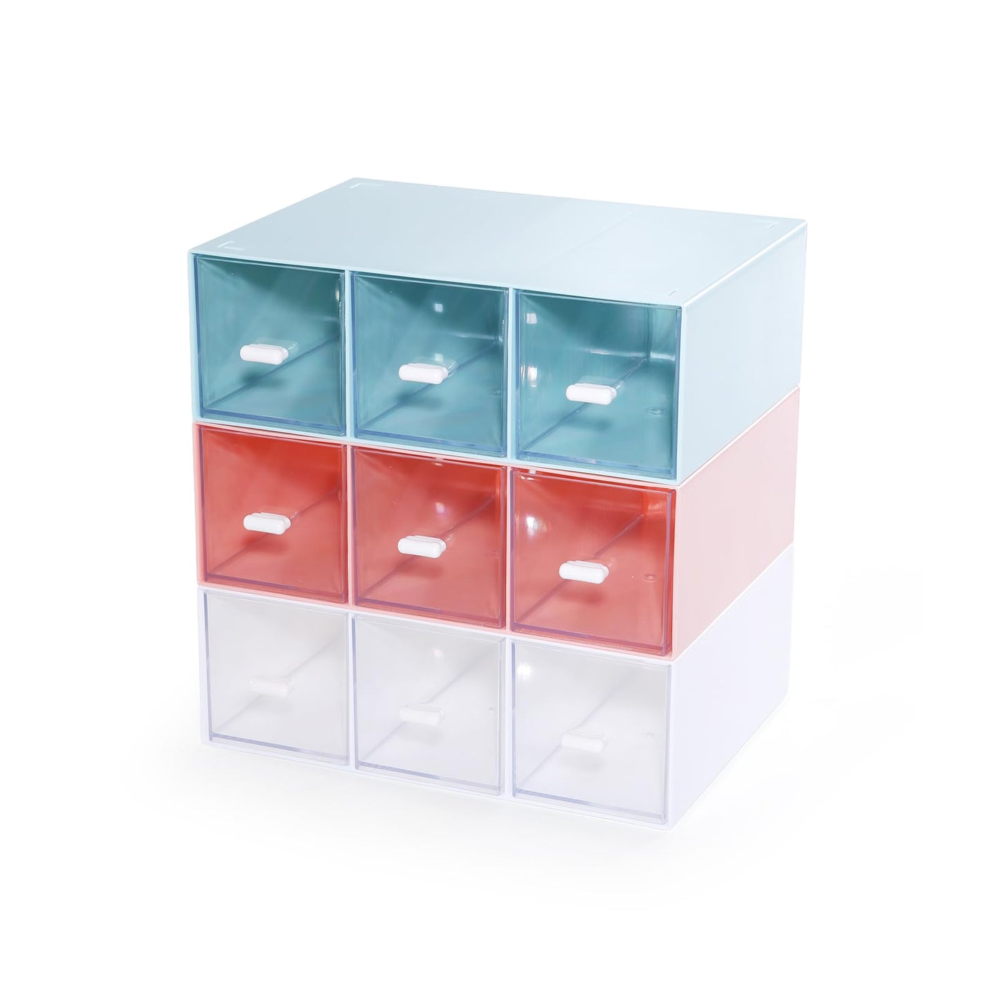 OSteed Desktop Drawers, Desk Organizer with 9 Drawers, Stackable Plastic Storage Box for Home Collection, Cosmetics, Jewelry, Office Supplies (3 Tiers, Mixed Colors)