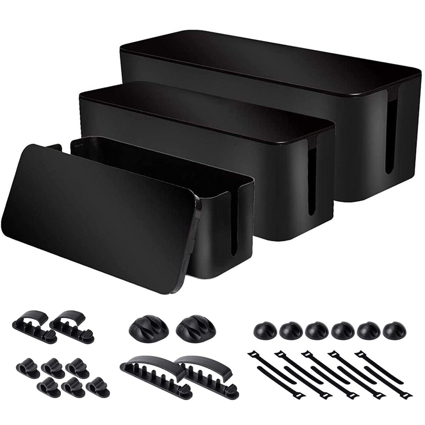 Cable Organizer Box Set of Three, Power Cover Cord Holder Surge Protector for Desk (Black)