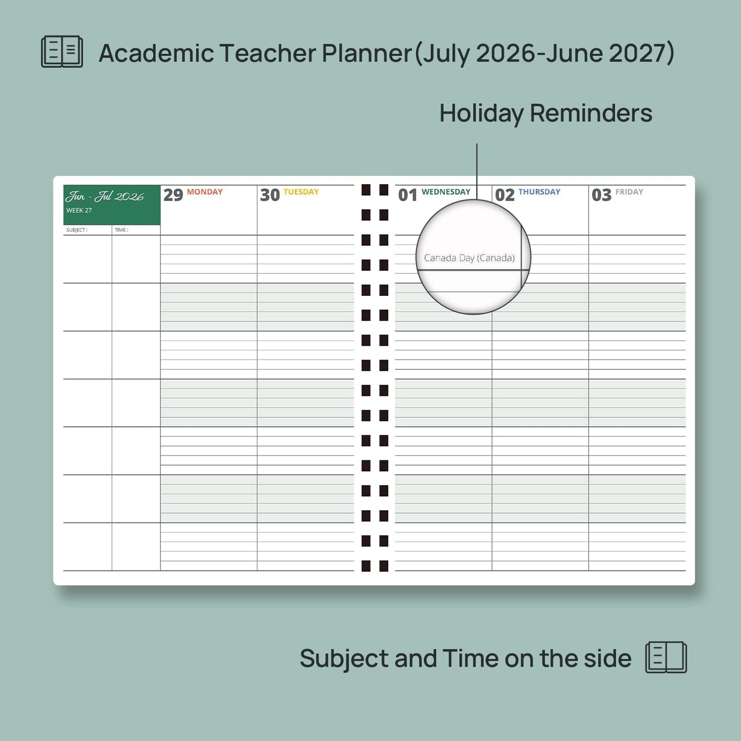 POPRUN Teacher Planner 2026-2027, Letter Size 8.5"x 11", Weekly and Monthly Lesson Calendar, July 2026-June 2027 Academic Agenda Book, 7 Period Lesson Plan Organizer Book - Olive Green