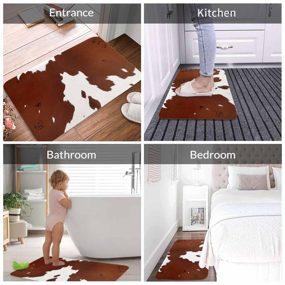 Lungtao Cowhide Bath Mat for Bathroom Farm Animal Brown Cowhide Print Cow Bath Rugs Door Mat Non Slip Rubber Backed Bathroom Floor Mat for Bathtub Sink Shower 20"X32"