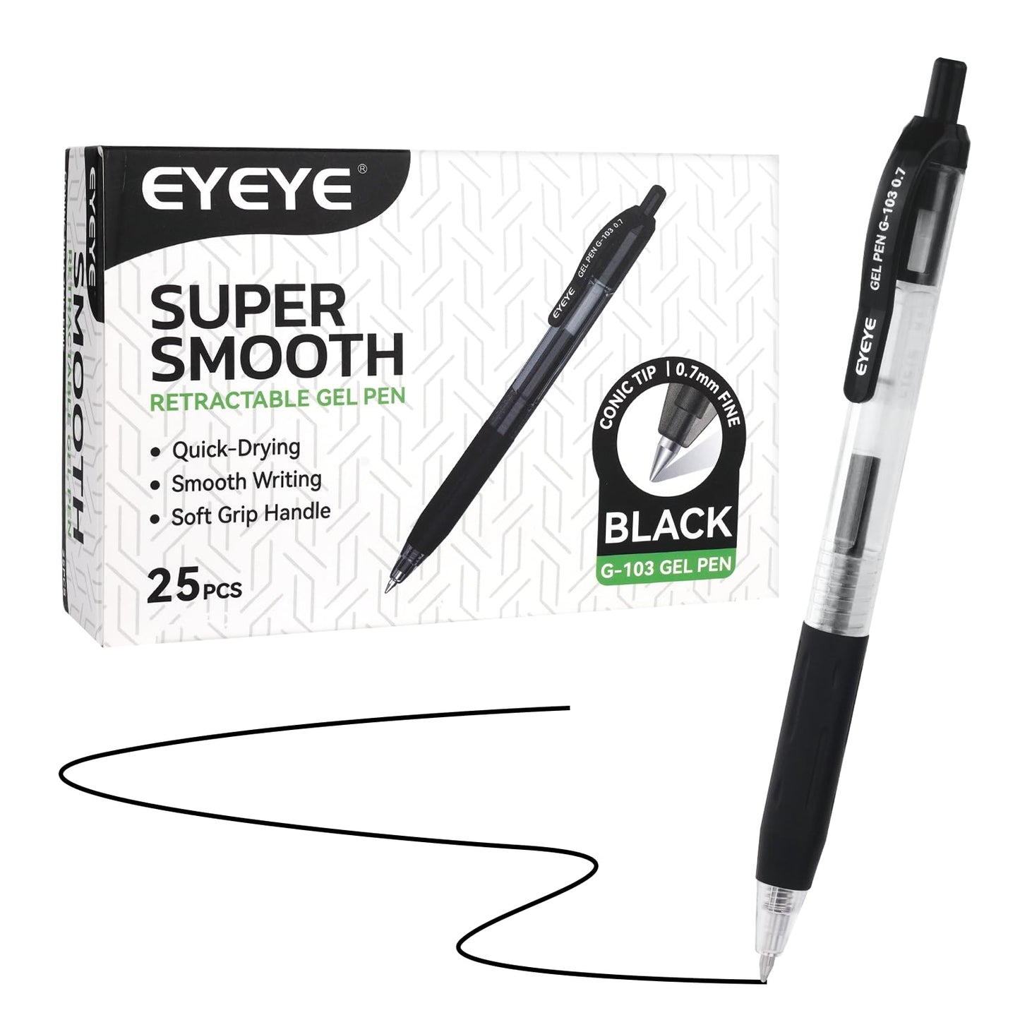 EYEYE G-103 Retractable Gel Pens Black 0.7mm, 25 Pack Medium Point Gel Ink Pens Quick Drying, 0.7 mm Fine Piont Ballpoint Pen Smooth Writing for Office School Supplies