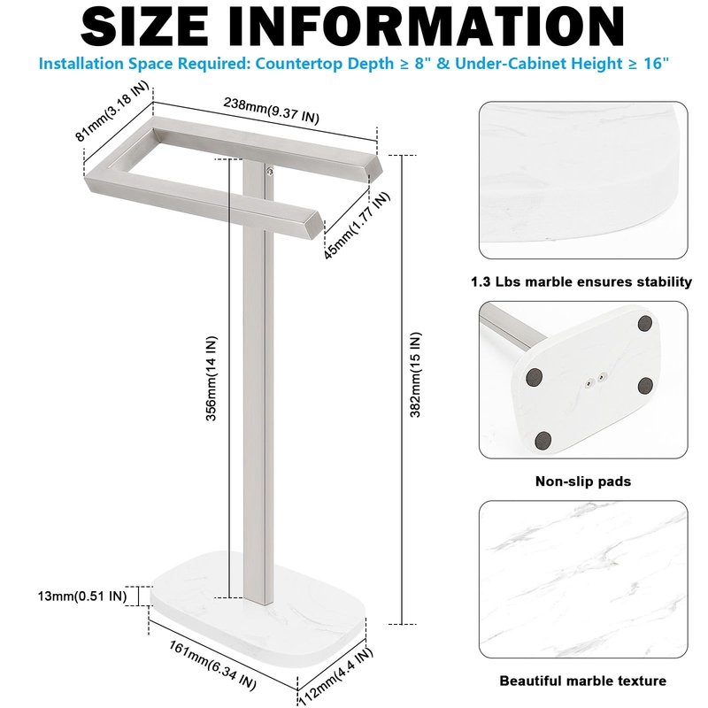 Livabber Standing Hand Towel Holder, 304 Stainless Steel Hand Towel Rack Stand with Heavy Marble Base, Bath Accessories, Towel Ring for Bathroom Kitchen Countertop, 14 Inch (Brushed Nickel)