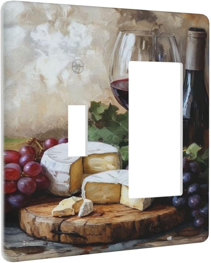 Decorative Art Light Switch Covers Wineglass & Artisanal Cheeses 2 Gang Single Toggle Rocker Combination Electrical Faceplate Switchplate Wall Plate for Home Decor
