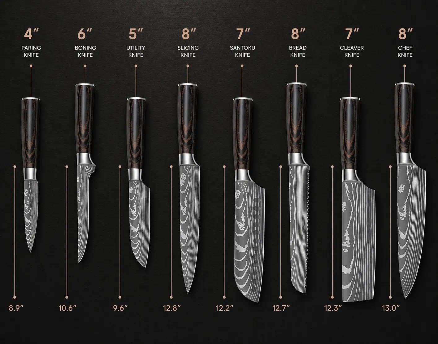 DRAGON ROIT Japanese Knives Set Damascus Pattern Chef Knife Set for Kitchen with Roll Bag, Sharp Stainless Kitchen Knife Set Brown Handle