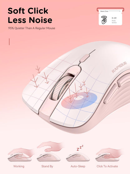RAPIQUE Bluetooth Wireless Mouse - Dual Bluetooth & 2.4 GHz USB Receiver, Ergonomic Design, Quiet Clicks, Low Power - Multi-Device Compatibility for MacBook, Laptop, Computer, iPad Air/Pro (Pink)