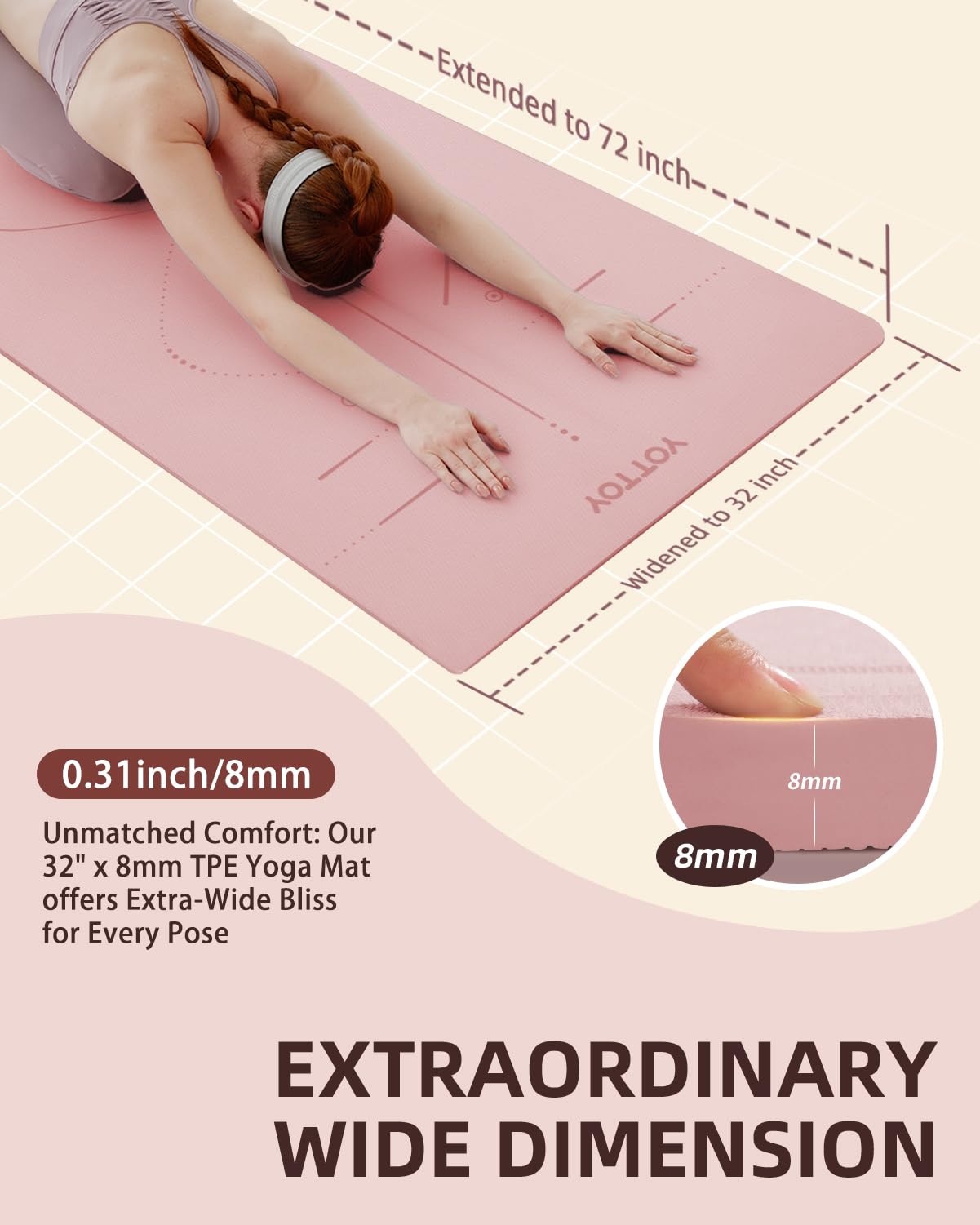 YOTTOY Yoga Mat, 72"x 32"x1/3" Extra Wide Non-Slip Exercise Fitness Yoga Mats,Eco-Friendly TPE Exercise Mats for Women Men Home Workout with Strap Bag (Coral, 72x32x1/3)