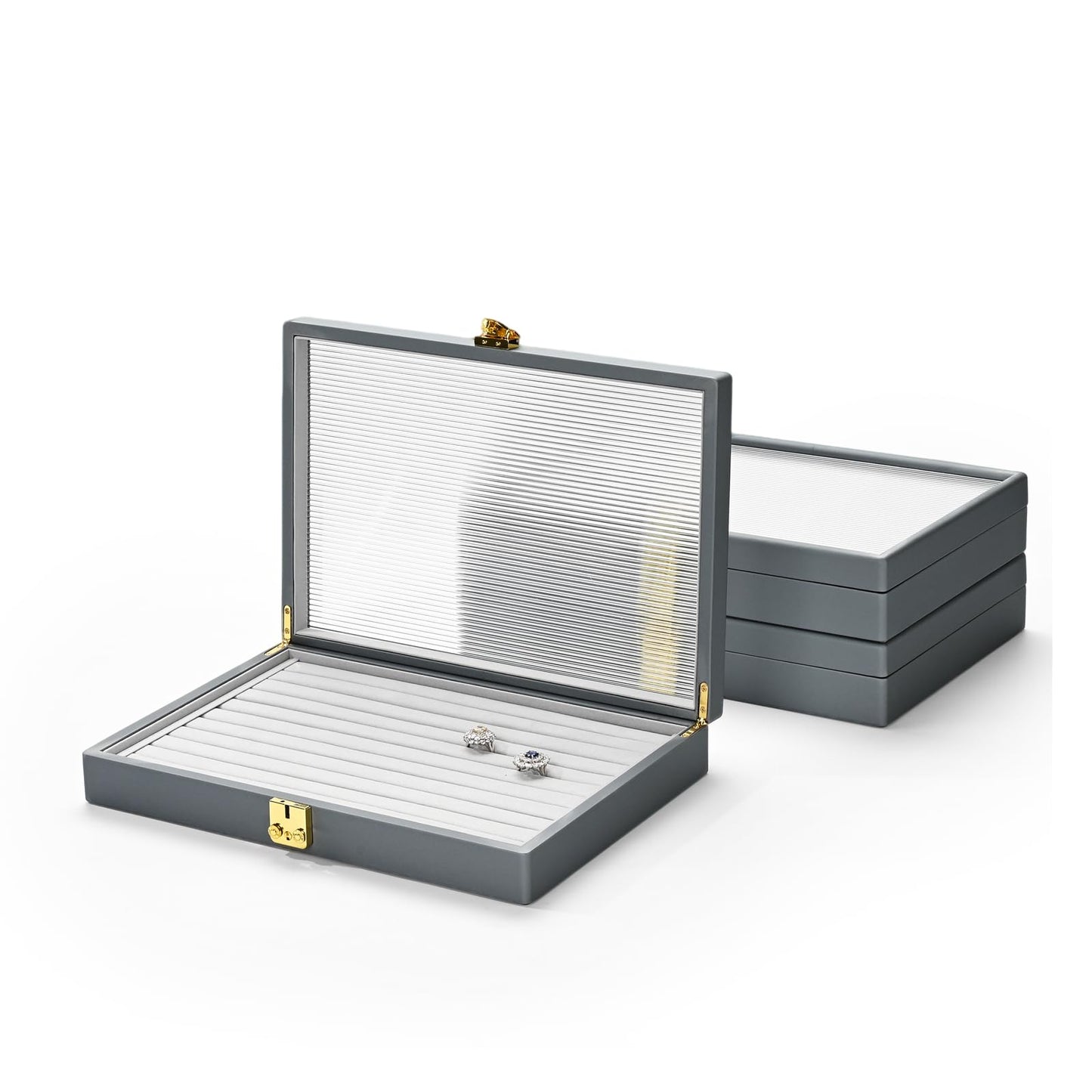 Oirlv Grey Leather Jewelry Organizer Jewelry Tray with Lid Jewelry Organizers and Storage for Drawers Pendant Ring Display Case Box for Women Jewelry Organizer with Lock (24 Grid)
