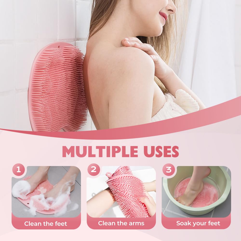 Silicone Shower Foot Scrubber Mat, 2025 New Foot Back Cleaning Pad Back Washer Exfoliating Bath Wash Pad, Shower Foot Scrubber Mat with Non-Slip Suction Cups (Gray)