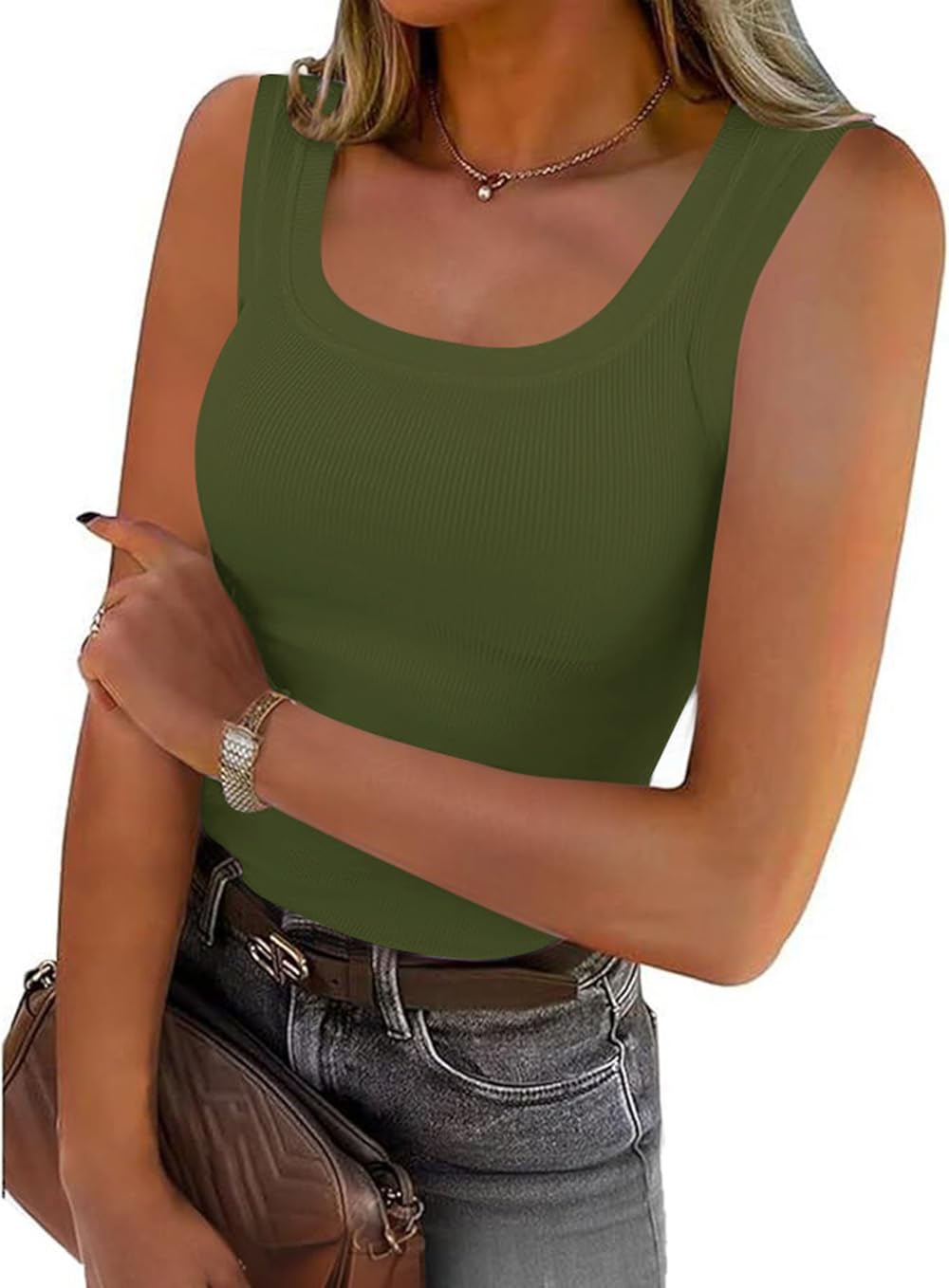 SVALIY Summer Womens Tank Tops 2025 Square Neck Fitted Sleeveless Shirts for Women Ribbed Basic Top Army Green