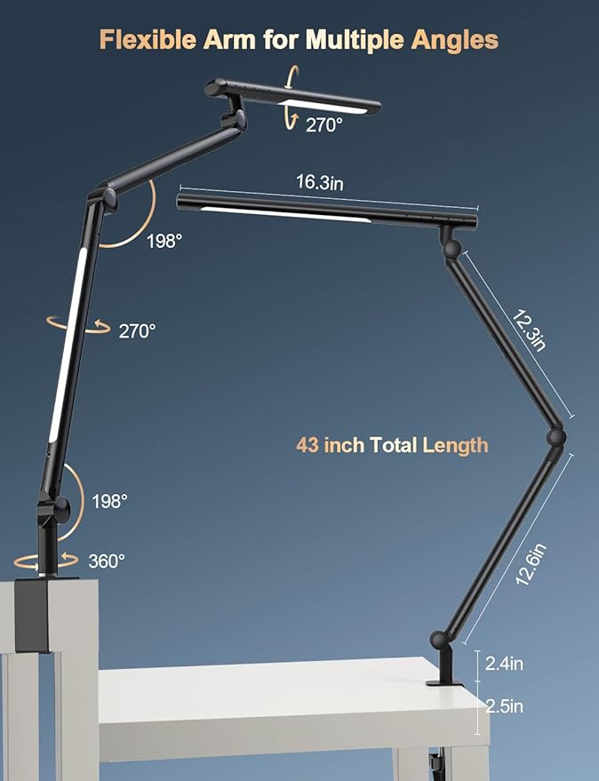 LED Desk Lamp with Clamp, 18W Dual Light Architect Desk Light, Adjustable Swing Arm RGB Light Sensor Switch, Eye-Caring 4 Modes Stepless Dimming Table Lamp for Home Office Reading Study Gaming