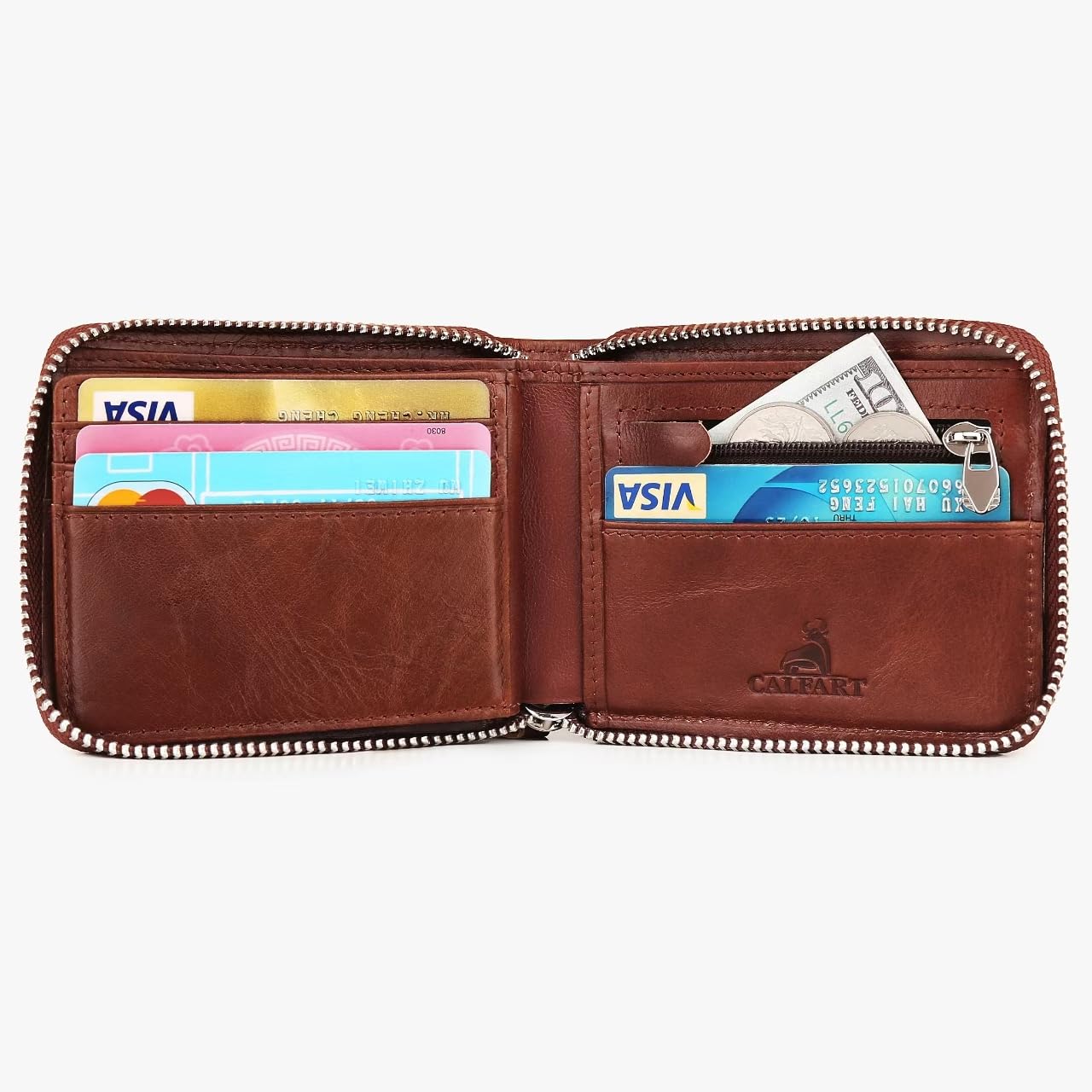 CALFART Slim Zipper Wallets For Men RFID Leather Mens Bifold Creidt Card Holder Zip Around Wallet With Coin Pocket