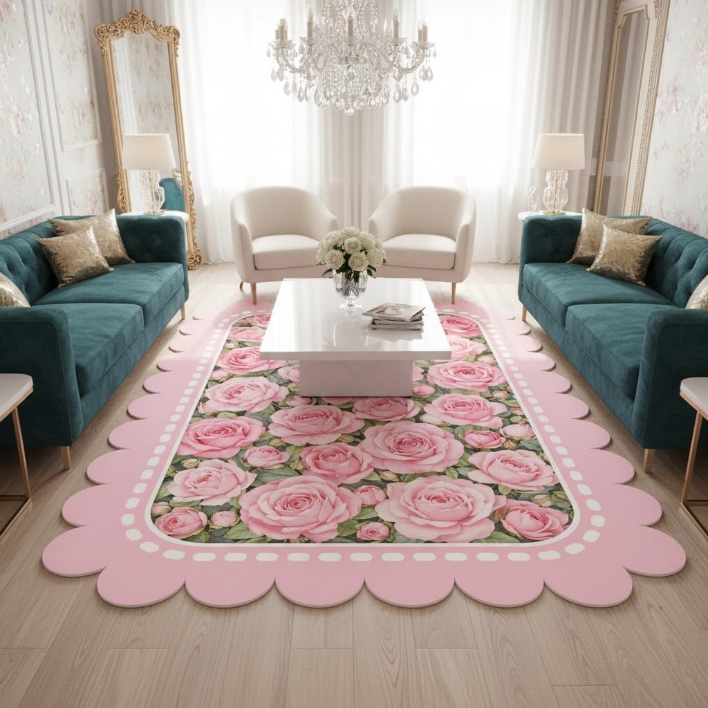 FVPSORBAT Pink Floral Washable Rugs 3x5 Scalloped Edge Rug Modern Geometric Border Flower Rugs for Living Room Bedroom Guestroom Farmhouse Nursery College Dorm Office Lightweight Non Slip Area Rug