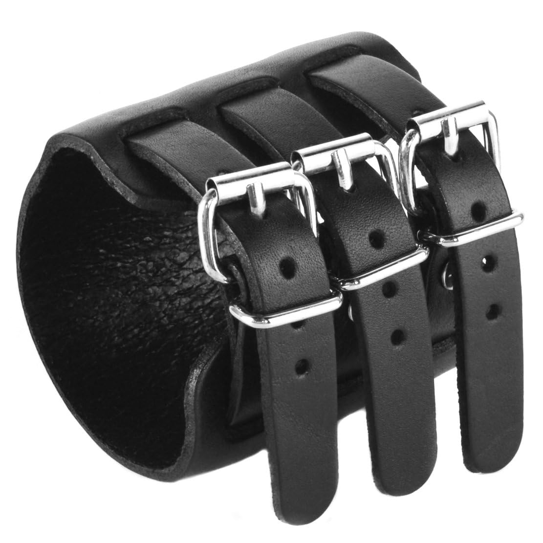 HZMAN Black Leather Wide Triple Strap Cuff Wrap Gauntlet Wristband Buckle Fastening Arm Armor Cuff (Black)