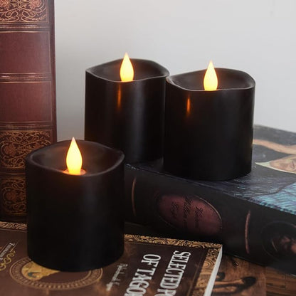 3inch Black Pillar Flameless Candles - 3D Flickering, Remote Timer, Battery Operated, 600+ Hours, Halloween & Gothic Themed Decor (Black, 3"*3"-3pcs)