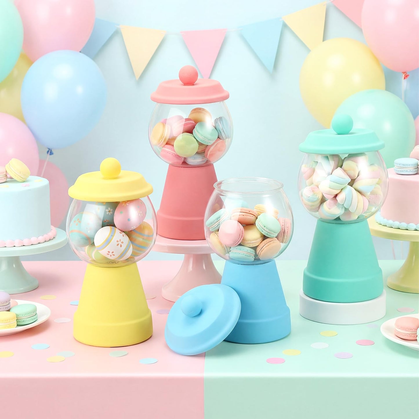 Thyle 4 Pcs Terra Cotta Candy Jar with Lid 8.7x4.3 Ceramic Cookie Jar Red Blue Green Yellow Fishbowl Food Storage for Birthday Cartoon Game Night Christmas Party Table Centerpiece DIY Gift(Macaron)