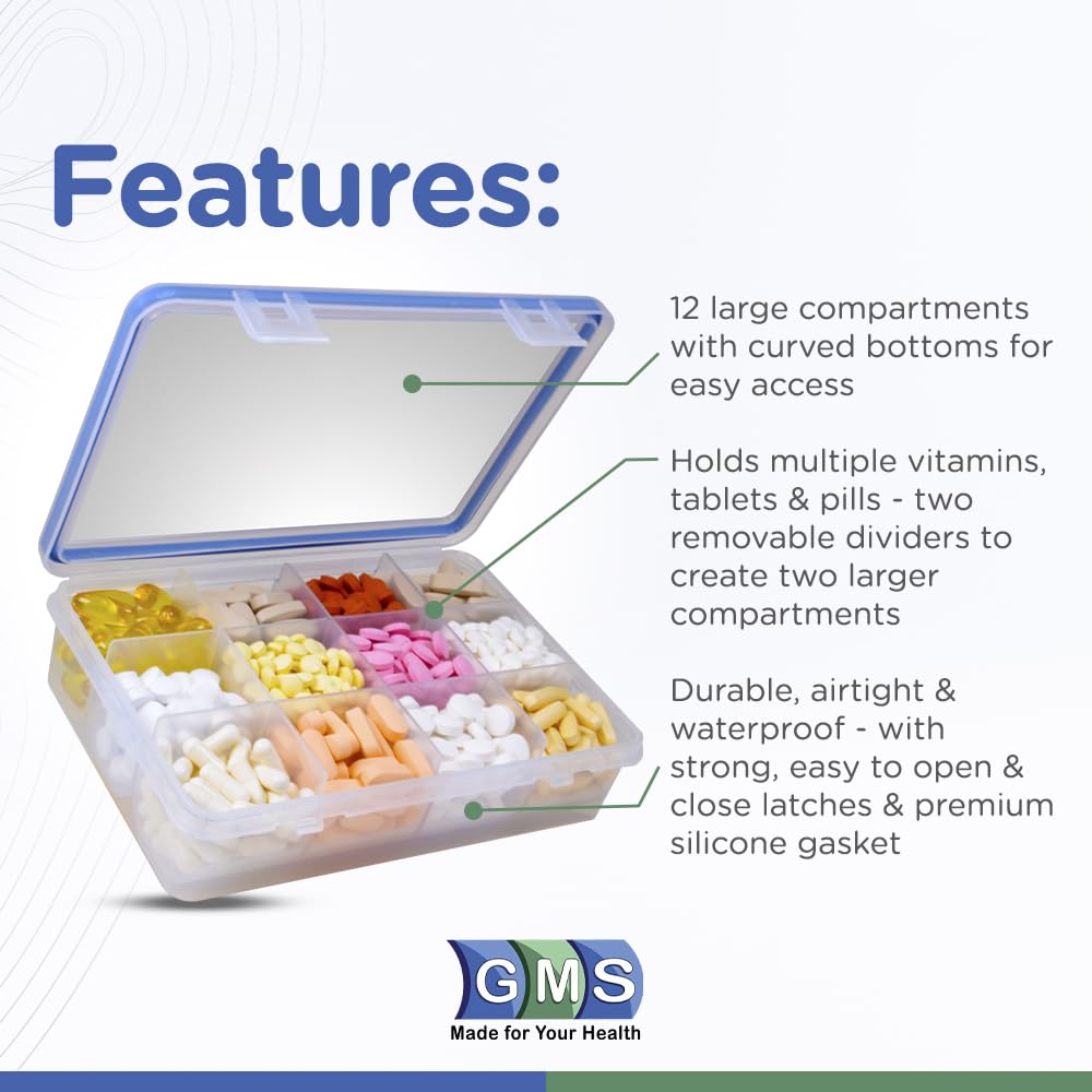 GMS 12 Compartment Vitamin Pill Organizer - Large Size Suitable for Multiple Supplements & Tablets - Safe, Secure Design with Easy Locking Lid - Medicine Cabinet Organizer & Ideal for Travel