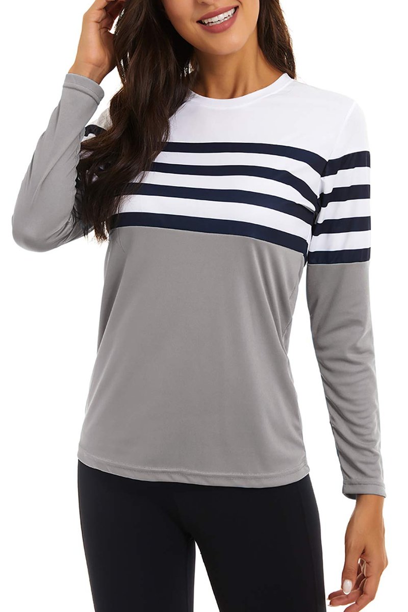 KINGFEN UPF 50+ UV Sun Protection Clothing Women Long Sleeve Rash Guard Womens Cycling Dri Fit Shirts Lightweight Crewneck Summer Women's Workout Clothes Light Gray Large