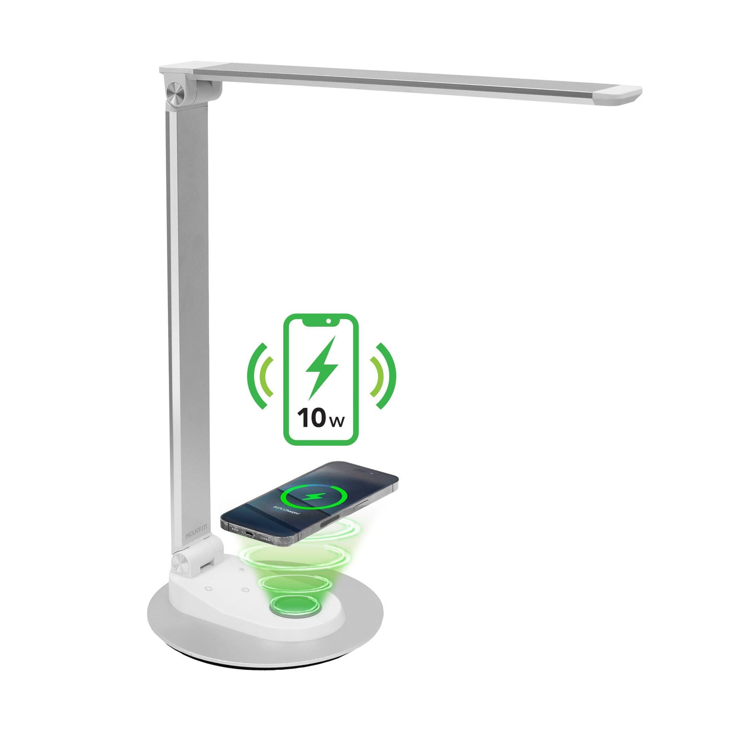 Mount-It! LED Desk Lamp with Wireless Charger and USB-C Charging Port, Dimmable Desk Lamp with 25 Brightness and Color Modes, for Home or Office, Adjustable Arm, Silver/White