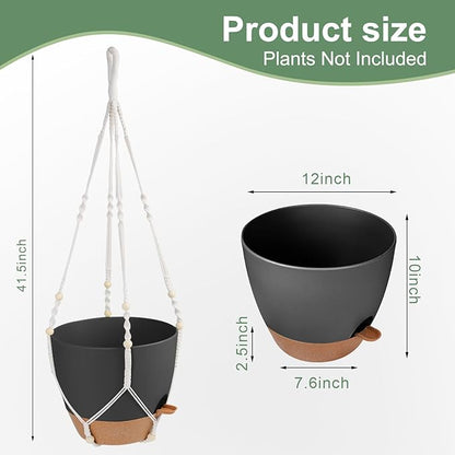 41.5 Inch Macrame Plant Hanger Indoor Outdoor with 12 Inch Flower Pot, Hanging Planter for Plants Holder with Wood Beads for Boho Home Decor (Ivory+Black)