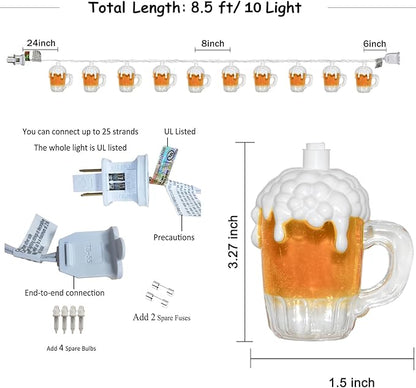 8.5Ft Beer String Lights, Novelty Party Decoration Lights with 10 Beer Mug Bulbs for Indoor & Outdoor, Summer Patio Outdoor Lights Perfect for Bar Patio Garden Beer Lovers' Parties