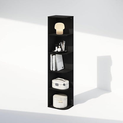 Furinno Reed Corner Shelf, 5-Tier Corner Bookshelf, Book Shelf, Corner Shelves, Storage Rack, for Organization and Storage, Home Office, Living Room, Blackwood