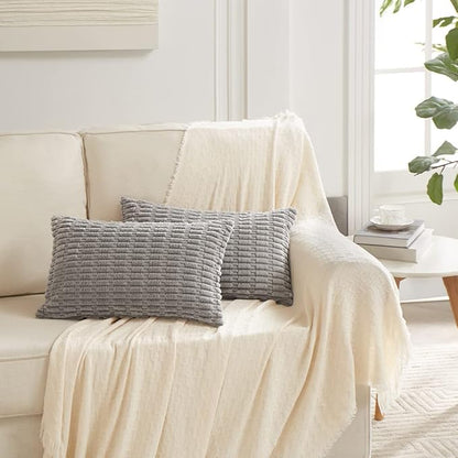 Fancy Homi Gray Lumbar Farmhouse Decorative Throw Pillow Covers 12x24 Inch for Living Room Couch Bed Sofa, Rustic Boho Home Decor, Soft Striped Corduroy Rectangle Cushion Case 30x60 cm