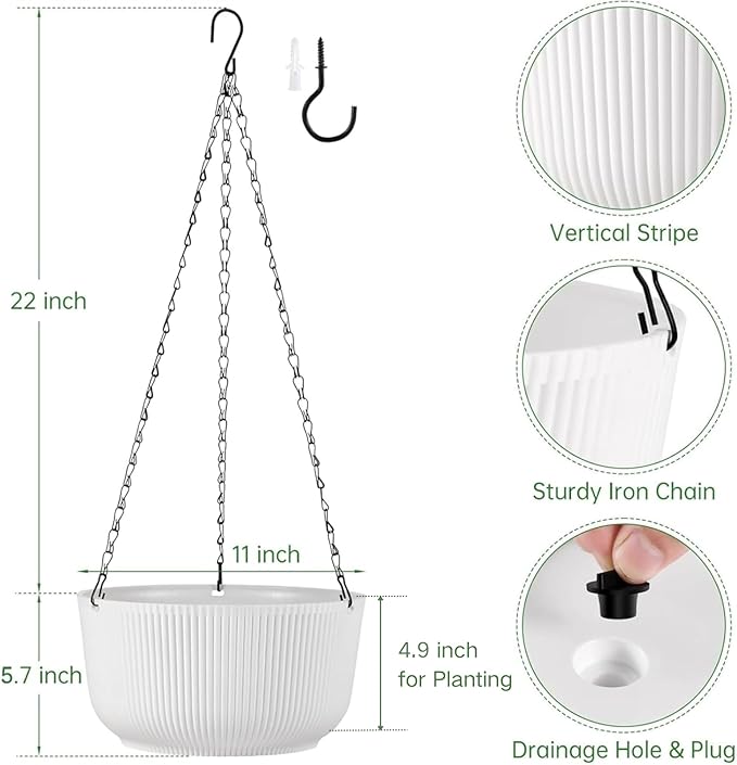 Set of 2 11 Inch White Self Watering Hanging Planters for Indoor Outdoor Plants, Thickened Hanging Flower Pots with Drainage Hole & Plug and 20" Chain Hanger