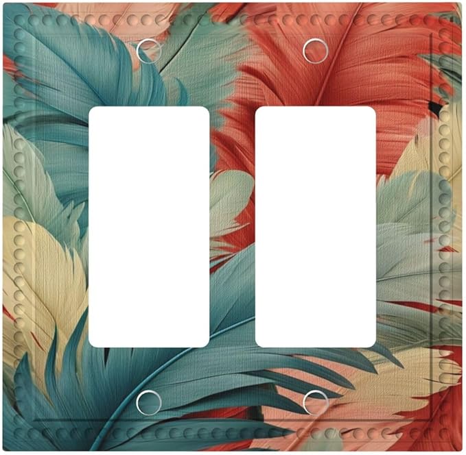 Colorful Feathers Blue Red Dual Outlet Covers Wall Plate 2 Gang Rocker Decora Decorative Switchplate Electrical Faceplate GFCI Light Switch Covers for Farmhouse Living Decor