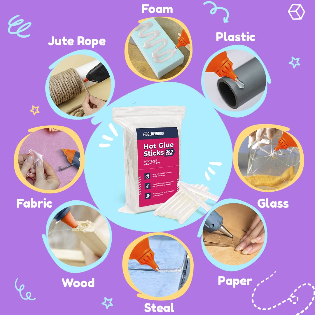 Mini Hot Glue Gun Sticks (Bulk Pack of 200) - 4" Length, 0.27" Diameter - Multi-Purpose for DIY Art, Crafts, Home Decoration, Sealing, and Repairing - Compatible with Most Glue Guns