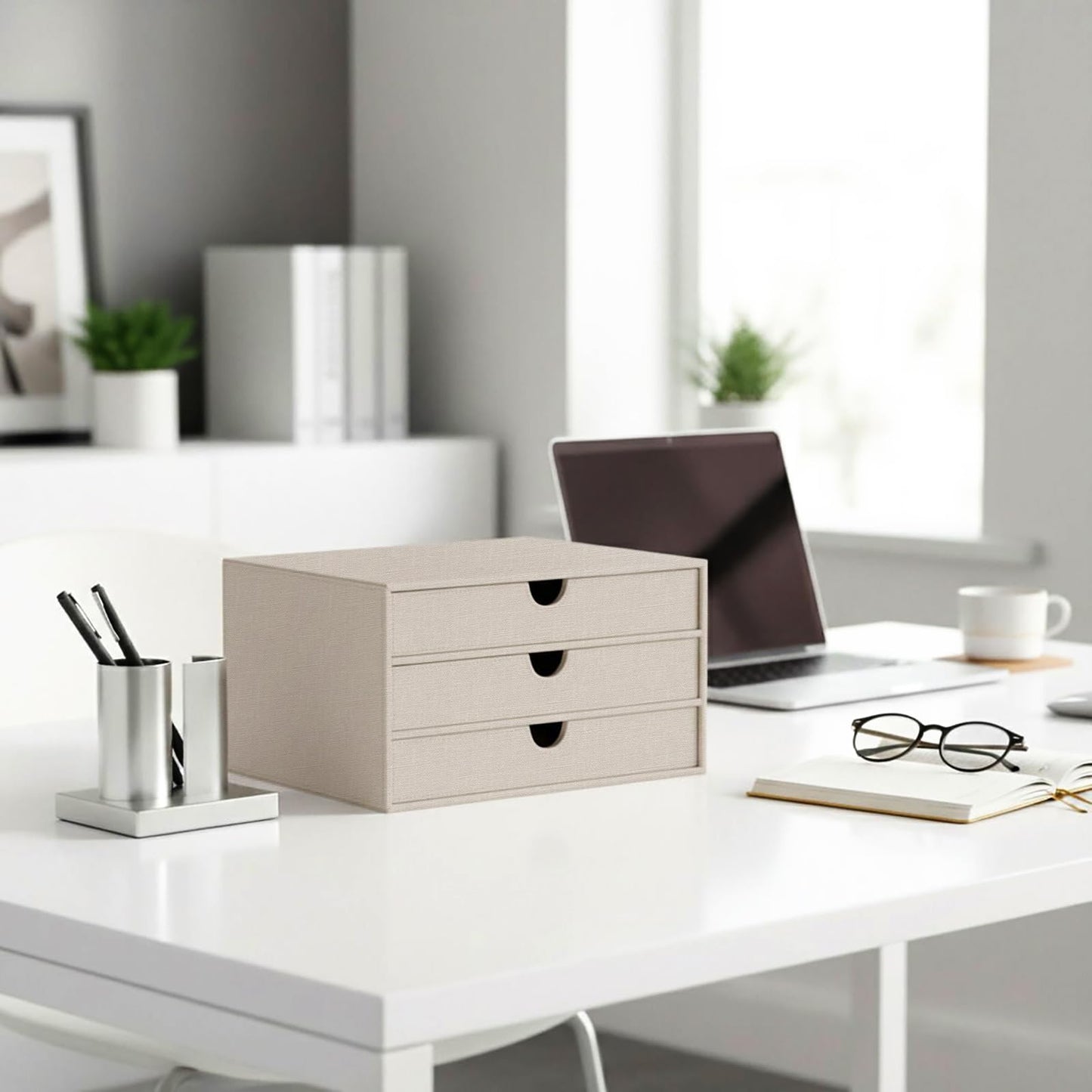 UnionBasic Document Organizer, 3-Drawer File Cabinet Document Storage Box, Office Desktop Filing Organizer, Beige