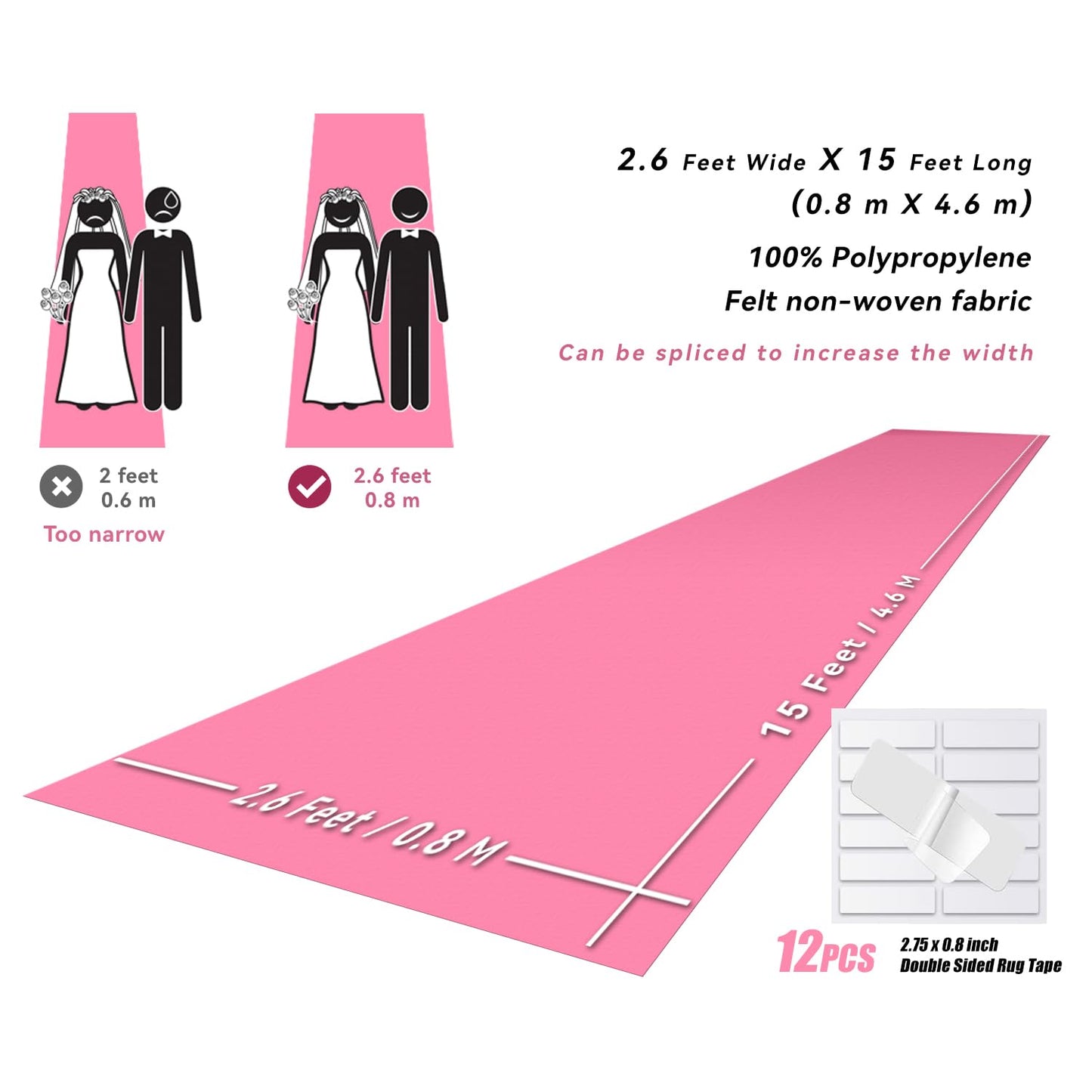 EZLucky Pink Carpet Runner for Party, 2.6X15ft, 130GSM Felt Non-Woven with Double-Sided No Traces Adhesive Sticke, Aisle Runner for Wedding, Movie Theme Party Decos, Pink Runway Rug for Prom