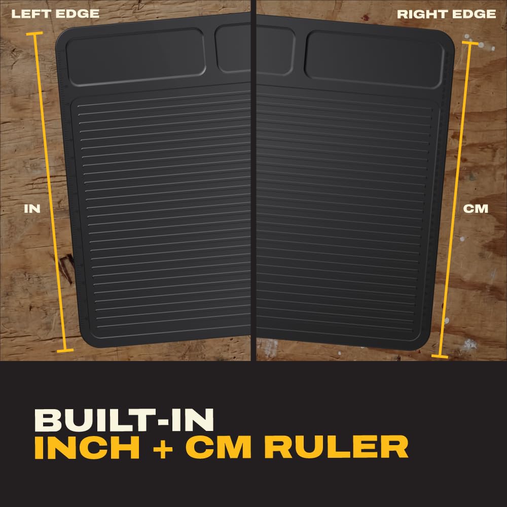 DEWALT Workbench Mat 18x48 in – Heavy Duty 3mm Silicone Work Bench Mat with SAE & Metric Rulers, Oil Heat Chemical Resistant, Non-Slip Grip, Built-in Parts Slots, Workbench Protector Mat, Black