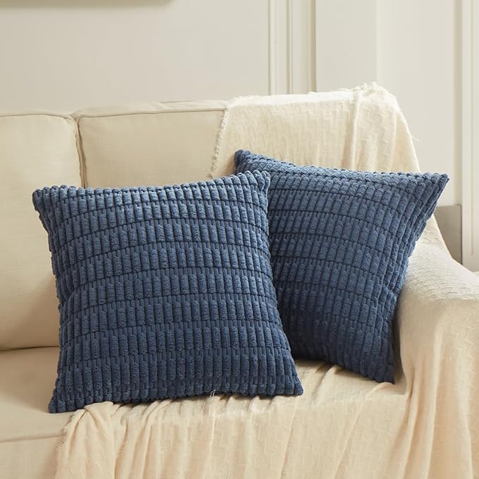 Fancy Homi Dusty Blue Decorative Throw Pillow Covers 18x18 Inch for Living Room Couch Bed Sofa, Rustic Farmhouse Boho Home Decor, Soft Striped Corduroy Square Cushion Case 45x45 cm