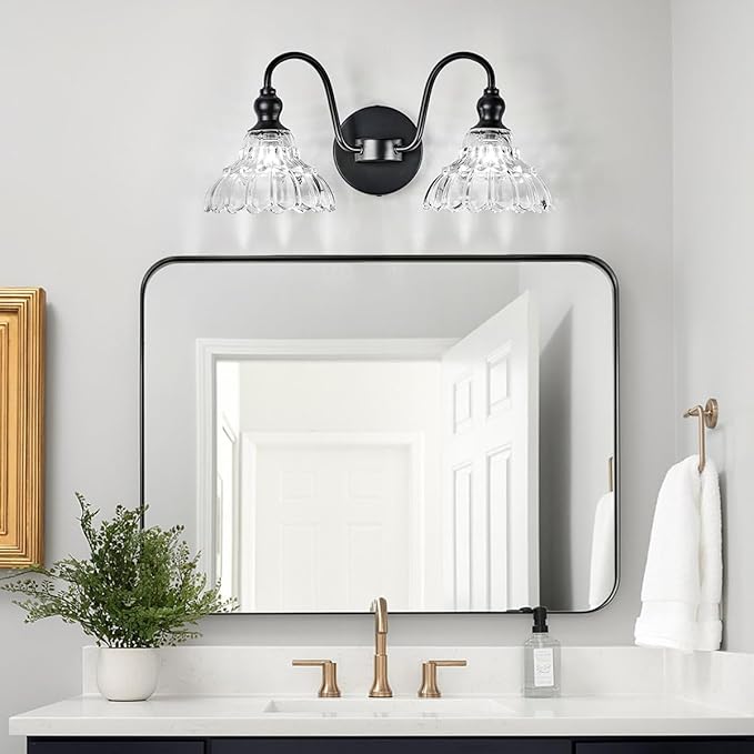 2-Light Modern Wall Sconce Black Wall Light Fixtures Made of Metal Body and Pressed Patterned Glass with Unique Design Vanity Light for Bedroom, Bathroom, Doorway, Farmhouse