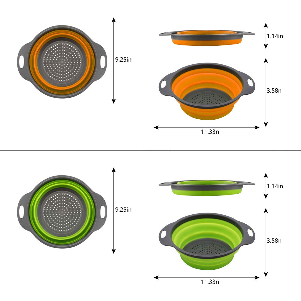 Qimh Collapsible Colander Set of 3 Round Silicone Kitchen Strainer Set - 2 pcs 4 Quart and 1 pcs 2 Quart- Perfect for Draining Pasta, Vegetable and fruit (green,blue, purple)