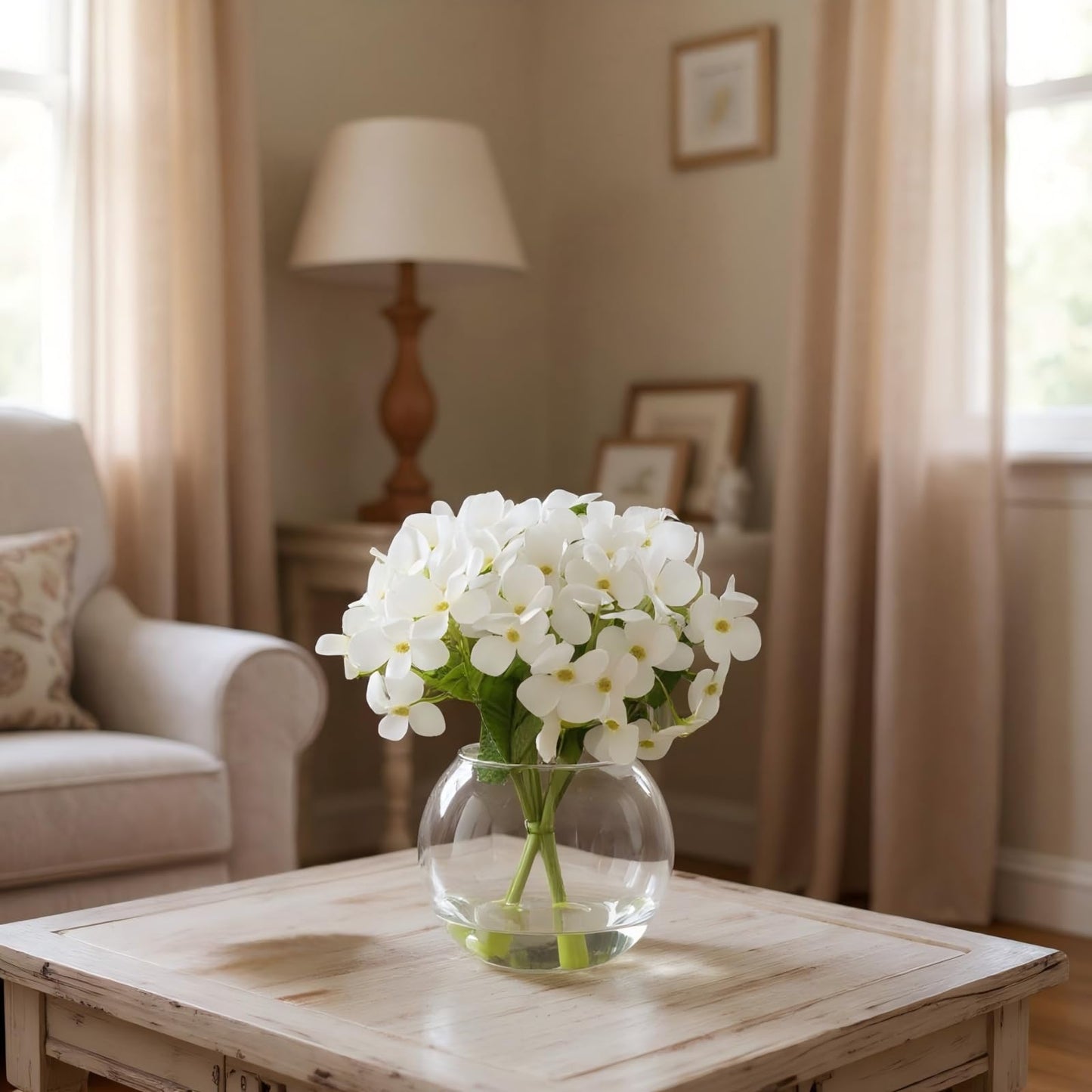 CZWBE 2 Pcs Hydrangea Artificial Flowers - Fake Flowers Real Touch Floral Arrangement with Faux Water in Glass Vase, Home, Bathroom and Office Table Centerpiece Decor（White）