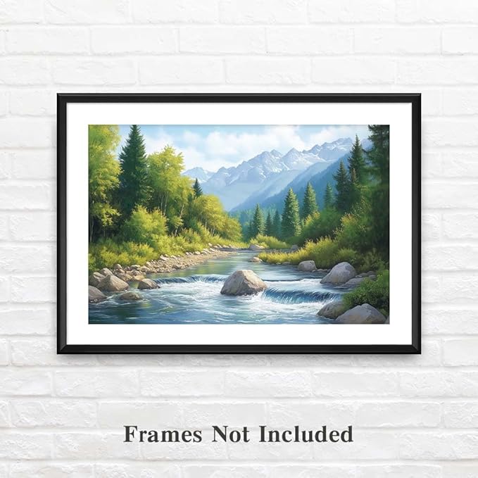 Yesad Serene Nature Wall Art, Landscape Canvas Wall Art Forest Pictures Prints Mountain Painting Scenery Poster Wall Décor for Farmhouse Living Room Bedroom (Unframed,12”x8”, Stream)