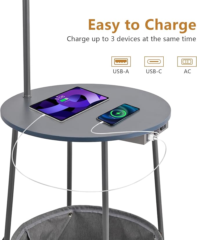 Floor Lamp with Cat Bed and Charging Station, Adjustable Lampshade, 3 Color Temperatures, Remote & Foot Switch Control, Standing Lamp with USB & AC Outlets for Living Room Bedroom, Gray