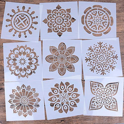 9 Pack 6 x 6 inches Mandala Stencils for Painting on Wood, Wall, Floor, Tile Fabric, Reusable Furniture Stencils Painting Template DIY Decor