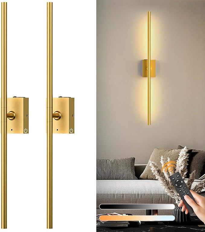 Eneru Battery Operated Wall Sconce Lights - 10000mAh Rechargeable Wireless Wall Sconces Set of Two with Touch and Remote, 360° Rotate, 4 Colors LED Wall Lamp for Living Room Bedroom Hallway (Gold)