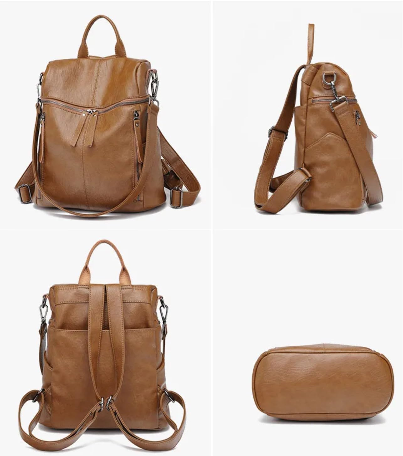 AurexaFashion Genuine Cow Leather Backpack Shoulder Handbag Bag for Women, Top Handle & 2 Detachable Straps- Brown