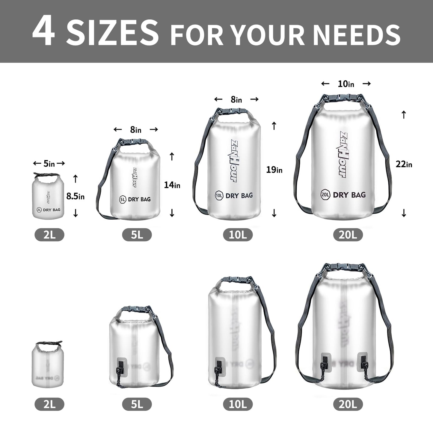 Zanhour Waterproof Dry Bag - Roll Top Transparent Storage Bag,2L/5L/10L/20L,Suitable for Traveling, Swimming, Kayaking, Camping, Fishing, Rainy Day Trips
