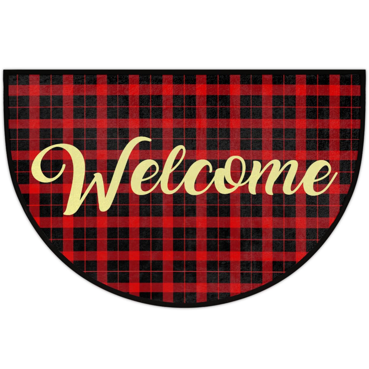 Half Round Door Mat Red Black Classic Plaid Outdoor Welcome Mat Christmas Non-Slip Area Rug for Entryway Front Door 36"x24"