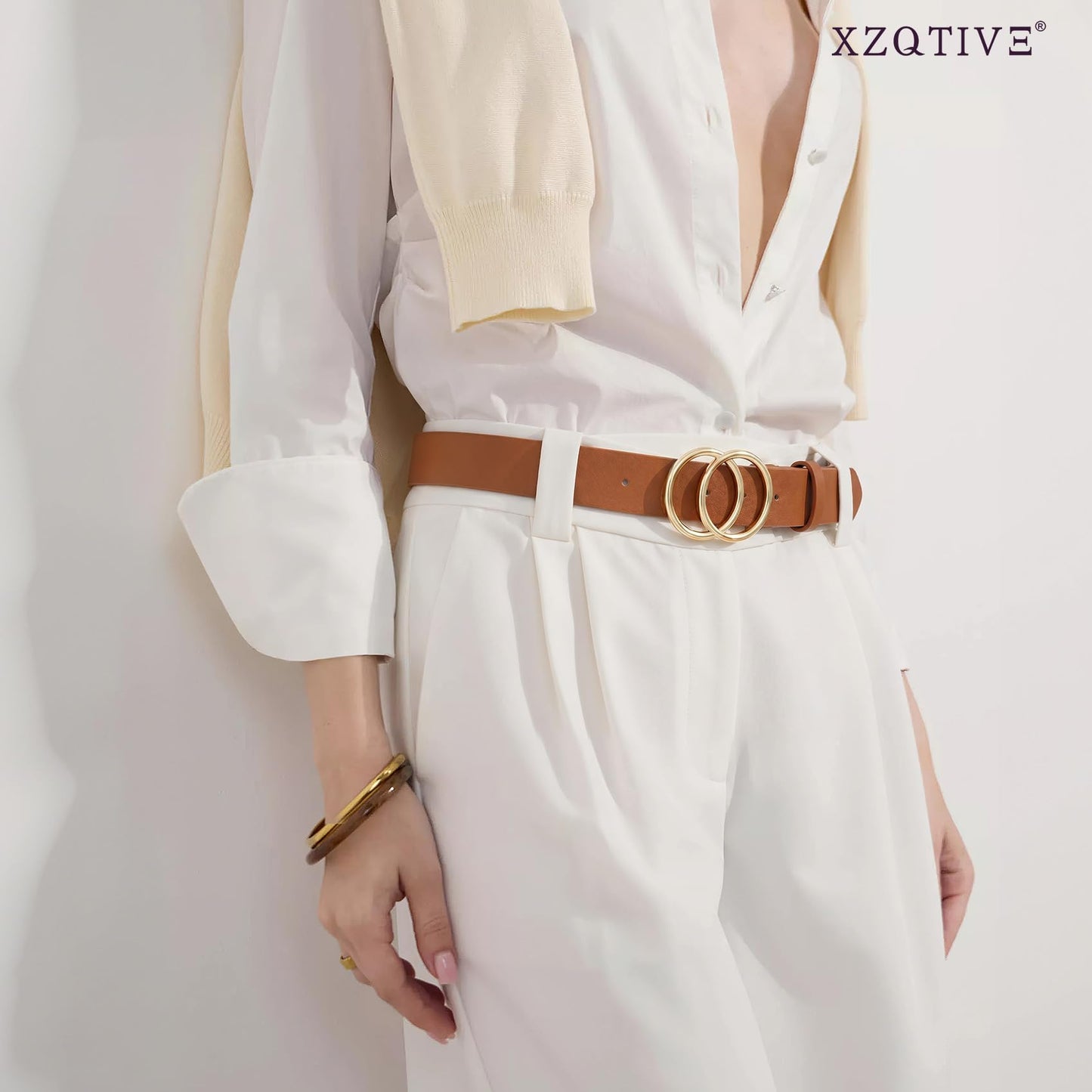 XZQTIVE 3 Packs Women's Leather Belts For Jeans Dresses Pants Fashion Ladies Waist Belt with Double O-Ring Gold Buckle