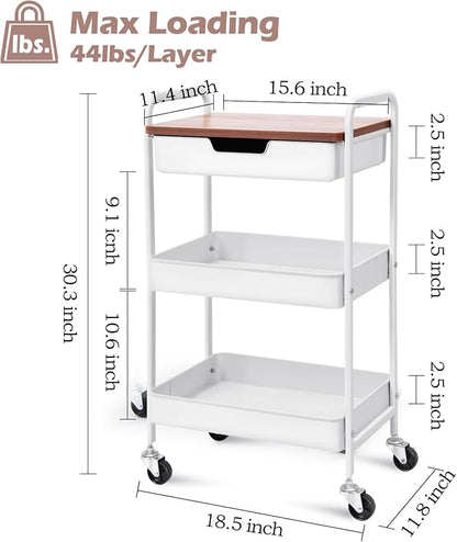 TOOLF 3 Tier Metal Utility Rolling Cart - White Storage Cart with Drawer and Wooden Table Top, Trolley Kitchen Organizer Rolling Desk with Locking Wheels for Office, Classroom, Home, Bedroom