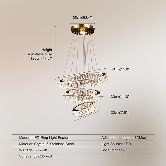 FRIXCHUR Dimmable Modern LED Chandelier 3 Ring Pendant Light Crystal Chandelier for Dining Room Living Room Bedroom,3 Colors Adjustable