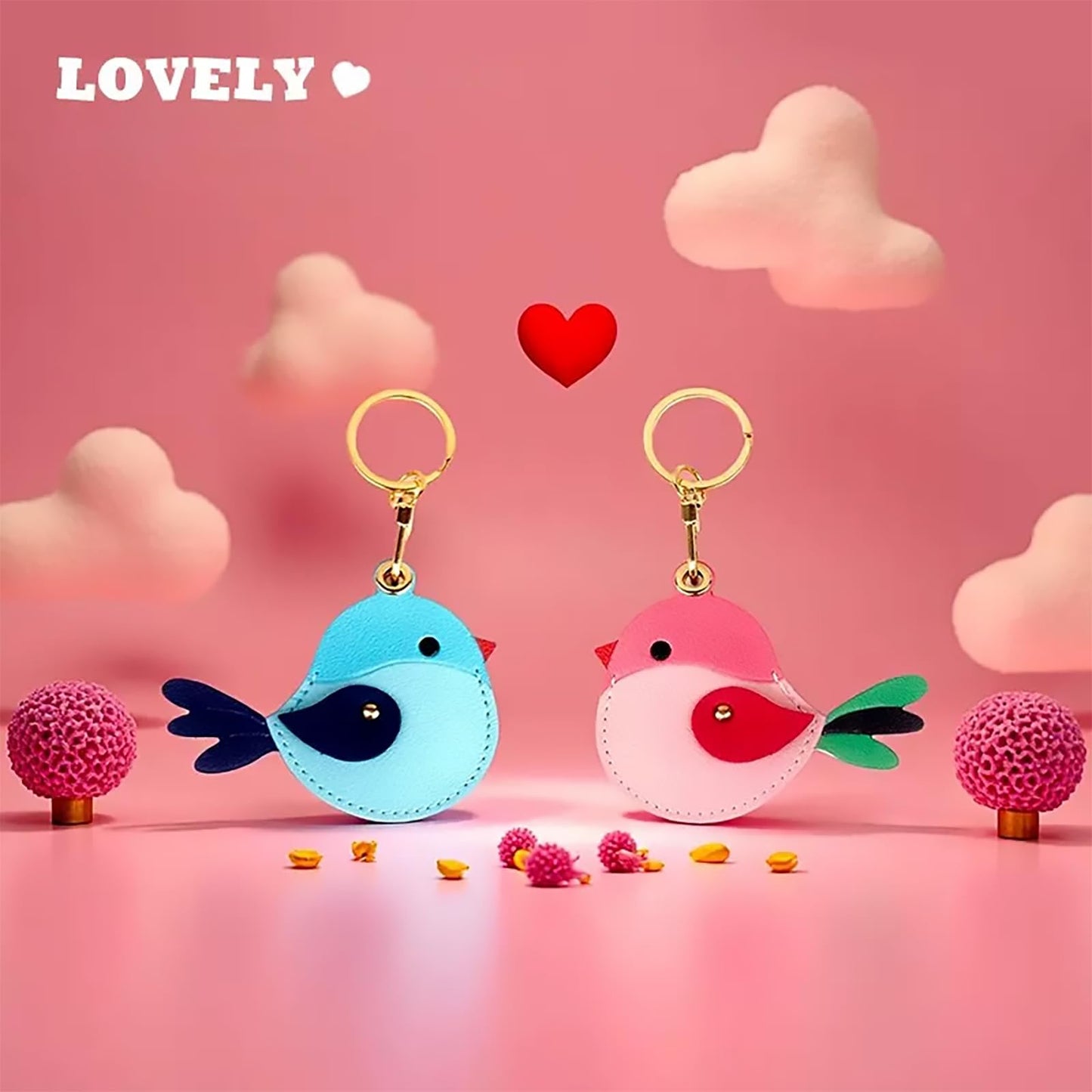 YOU WIZV Airtag Keychain Cute Bag Charms 2pc,Pink Leather Bird Purse Charms with Tassel Keychains, Couple Funny Car Key Chain Accessories