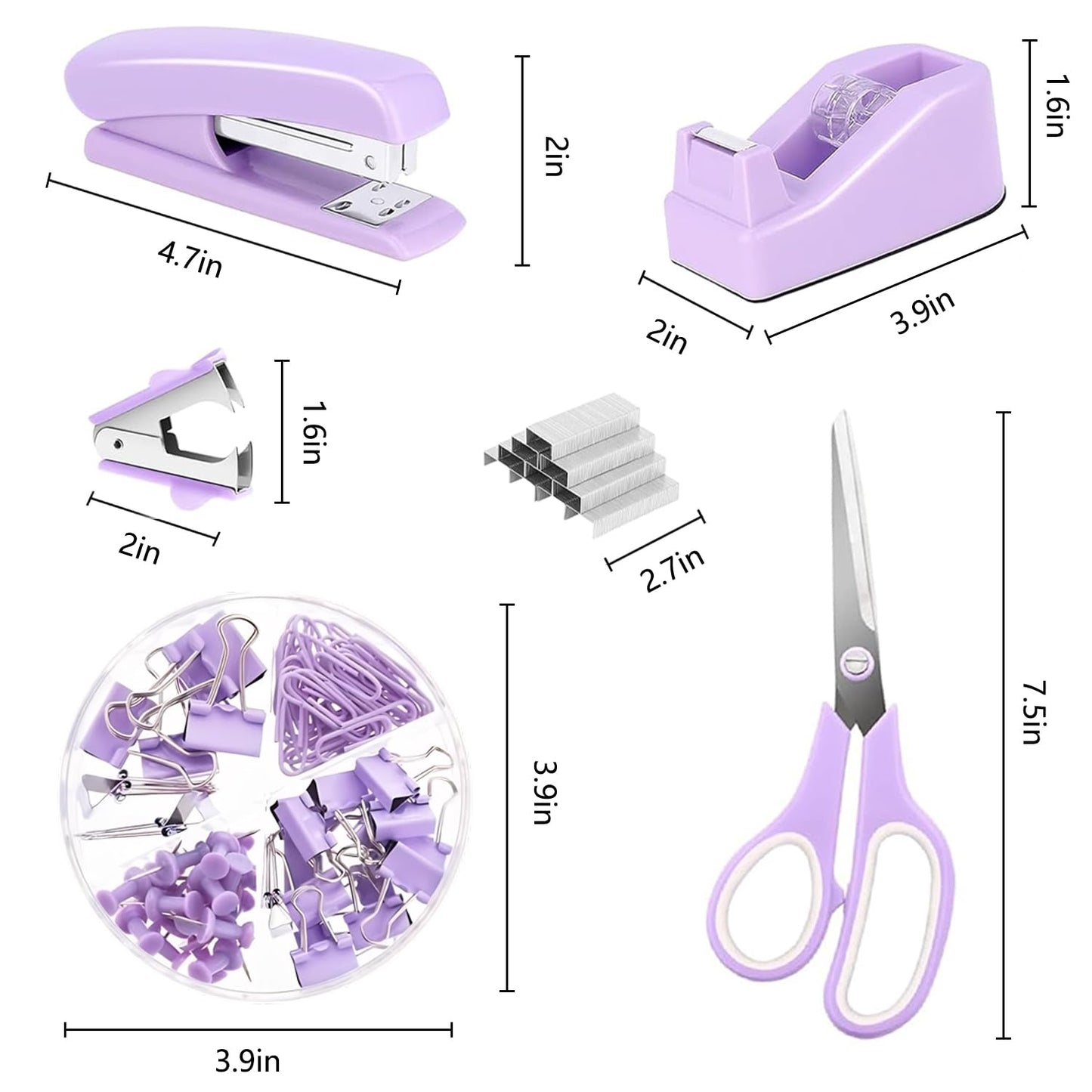 Office Supplies,Purple Desk Accessories,Desk Organizer,Phone Stand,Scissors,Stapler,Tape Dispenser,Binder clips,Staples,staple remover,Sticky Notes,Index Tabs,Clear Tape,Mini Box Cutter,Cool Pen.16pcs