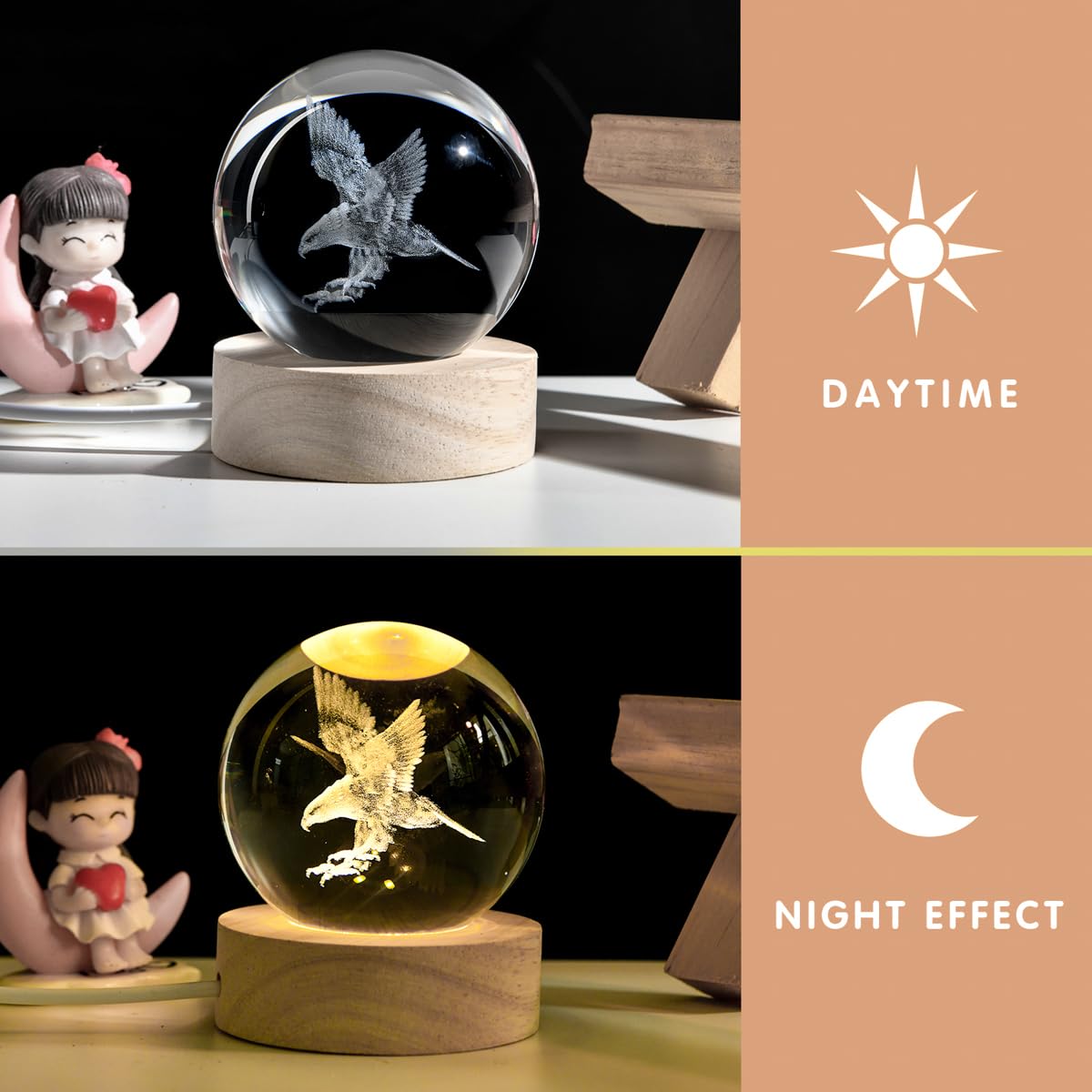 3D Laser Engraved Eagle Crystal Ball, Animal Figurine Decor Glass Sphere Lamp Night Light, Eagle Statue Gifts for Men Women Kids